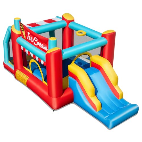 DREAMADE Aufblasbare Hüpfburg, 5-in-1 Eiscreme-Themenburg mit Rutsche, Sprungbereich, Basketballkorb, Ballpool & Ringwurfspiel, IHüpfburg für Garten, Rasen, Party, 475 x 224 x 201cm (ohne Gebläse)