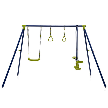 DREAMADE 3-in-1 Schaukelgestell mit Schaukel & Wippe & Turnringe, Schaukelgerüst aus Metall, Gartenschaukel, Kinderschaukel Outdoor mit Gestell für Garten Hof