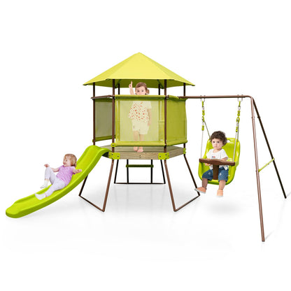 DREAMADE 4 IN 1 Spielturm mit Rutsche & Schaukel & Spielhaus & Leiter, Klettergerüst Outdoor Kinder Kletterturm aus Metall für den Garten