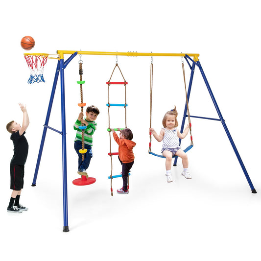 DREAMADE 4 in 1 Kinderschaukel Outdoor mit Gestell, Schaukelgestell mit Schaukel & Kletterleiter & Kletterseil & Basketballkorb, Gartenschaukel Schaukelgerüst mit Metallgestell für Kinder