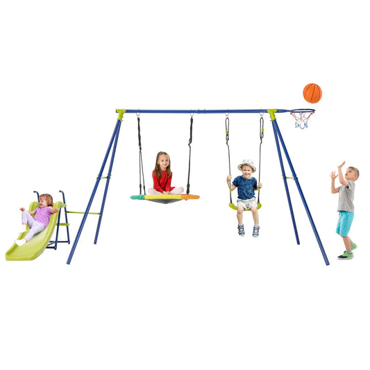 DREAMADE 4 in 1 Schaukelgestell mit 2 Kinderschaukel & Rutsche & Basketballkorb, Gartenschaukel Schaukelgerüst mit 2 Schaukeln, Kinderschaukel Outdoor mit Schaukelgestell aus Metall für Kinder ab 3
