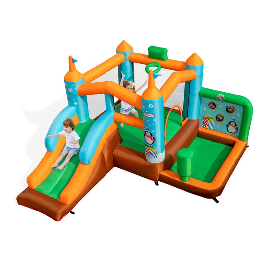 DREAMADE 6 in 1 Aufblasbare Hüpfburg mit Sprungbereich, Rutsche, Boxsäule, Bällebad, Basketballkorb & Wurfspiel, Outdoor Spielcenter für Kinder 3-12 Jahre, 335 x 300 x 200 cm