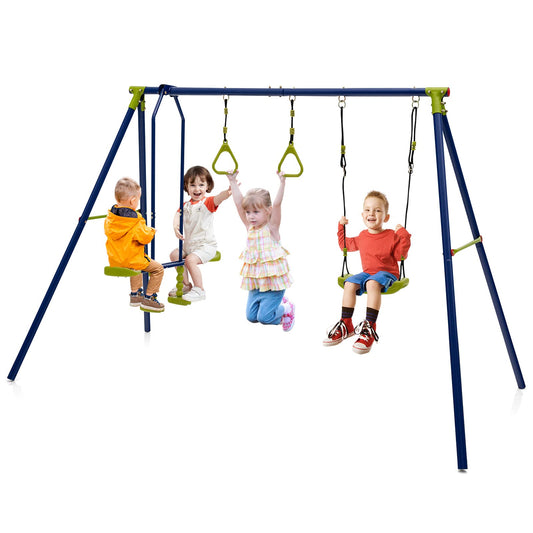 DREAMADE 3-in-1 Schaukelgestell mit Schaukel & Wippe & Turnringe, Schaukelgerüst aus Metall, Gartenschaukel, Kinderschaukel Outdoor mit Gestell für Garten Hof
