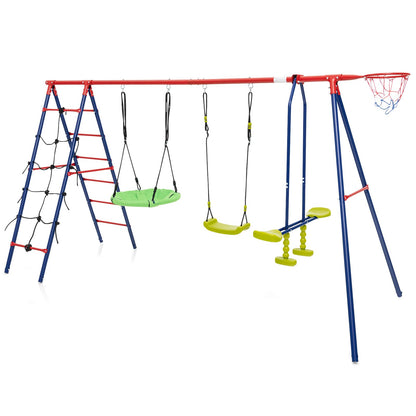 DREAMADE 6 in 1 Schaukelgestell Outdoor mit 2 Schaukeln Wippe Basketballkorb Kletterleiter Kletternetz, Kinderschaukel mit Gestell Schaukelgerüst, Gartenschaukel für Kinder 3-12 Jahre (Rot + Blau)
