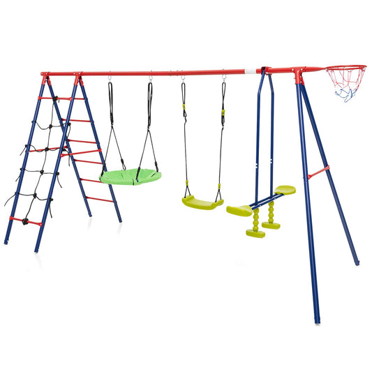 DREAMADE 6 in 1 Schaukelgestell Outdoor mit 2 Schaukeln Wippe Basketballkorb Kletterleiter Kletternetz, Kinderschaukel mit Gestell Schaukelgerüst, Gartenschaukel für Kinder 3-12 Jahre (Rot + Blau)