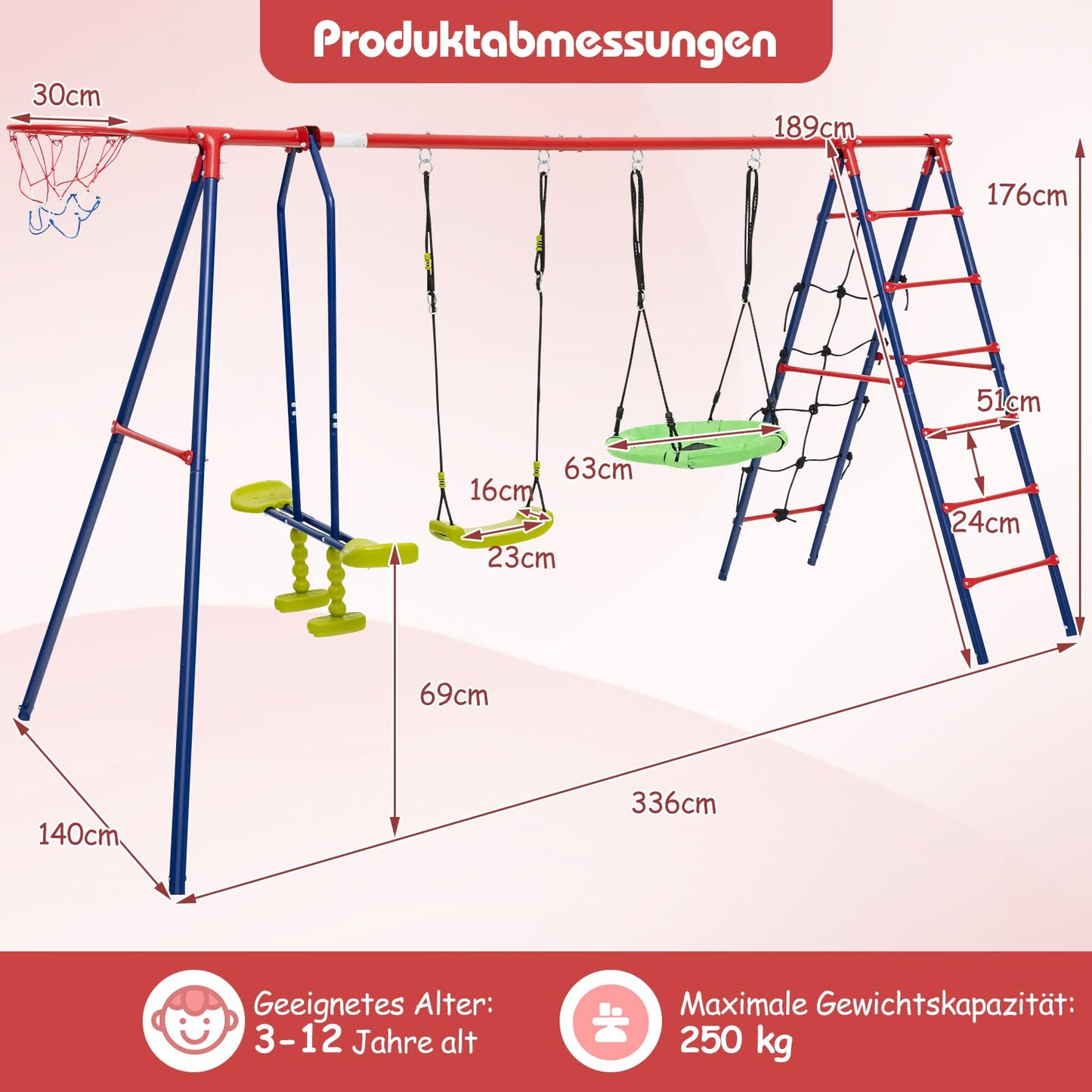 DREAMADE 6 in 1 Schaukelgestell Outdoor mit 2 Schaukeln Wippe Basketballkorb Kletterleiter Kletternetz, Kinderschaukel mit Gestell Schaukelgerüst, Gartenschaukel für Kinder 3-12 Jahre (Rot + Blau)