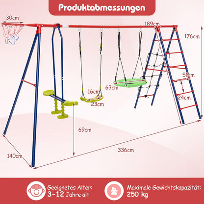 DREAMADE 6 in 1 Schaukelgestell Outdoor mit 2 Schaukeln Wippe Basketballkorb Kletterleiter Kletternetz, Kinderschaukel mit Gestell Schaukelgerüst, Gartenschaukel für Kinder 3-12 Jahre (Rot + Blau)