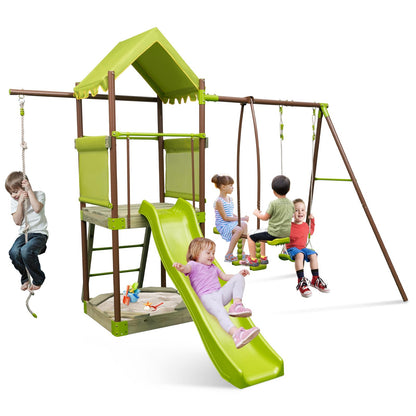 DREAMADE 7 IN 1 Spielturm mit Rutsche & Schaukel & Sandkasten & Kleterseil & Wippe & Leiter & Spielhaus, Klettergerüst Outdoor Kinder Kletterturm für den Garten