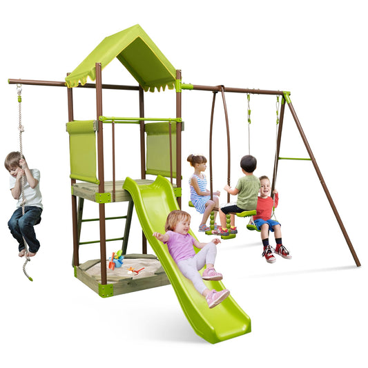 DREAMADE 7 IN 1 Spielturm mit Rutsche & Schaukel & Sandkasten & Kleterseil & Wippe & Leiter & Spielhaus, Klettergerüst Outdoor Kinder Kletterturm für den Garten