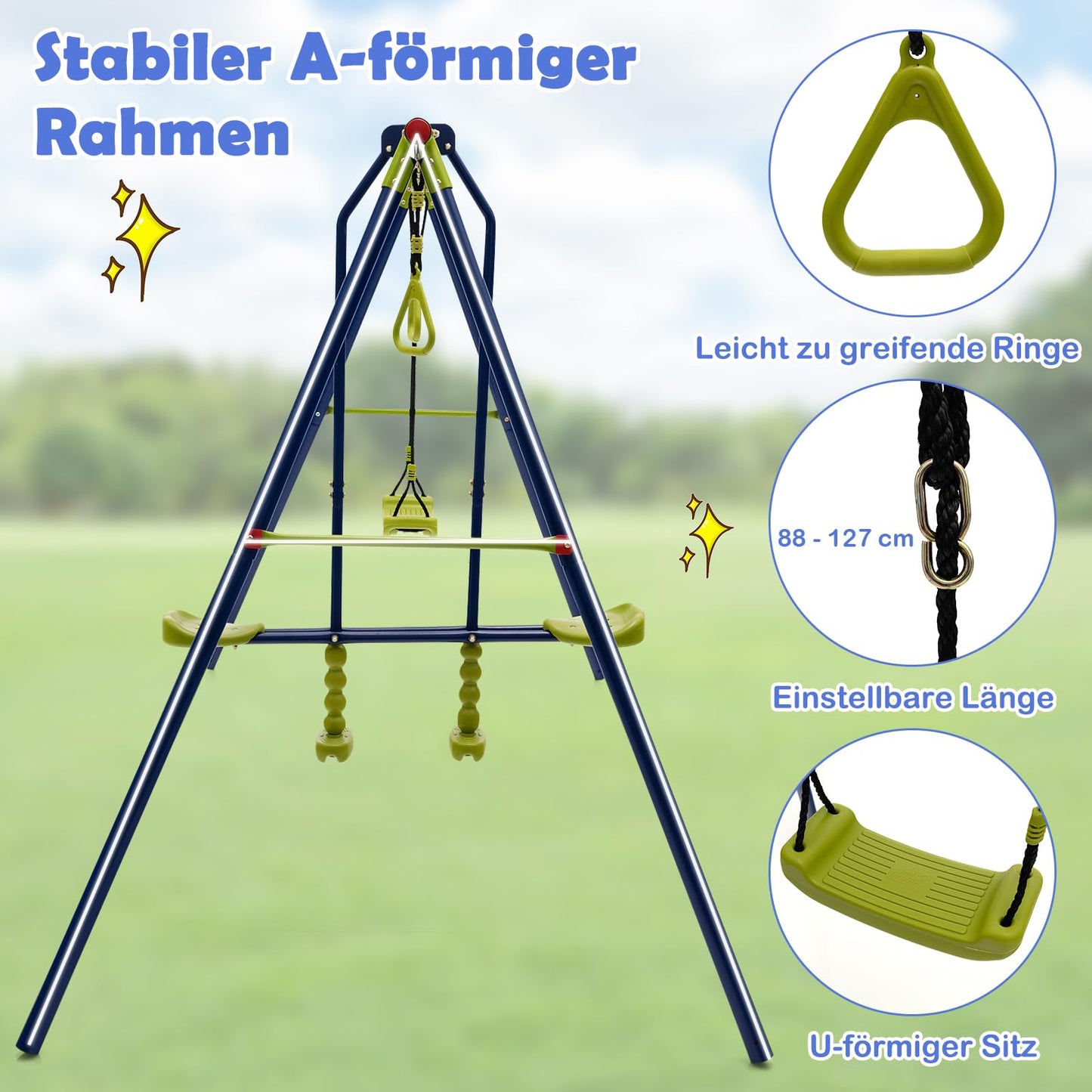DREAMADE 3-in-1 Schaukelgestell mit Schaukel & Wippe & Turnringe, Schaukelgerüst aus Metall, Gartenschaukel, Kinderschaukel Outdoor mit Gestell für Garten Hof