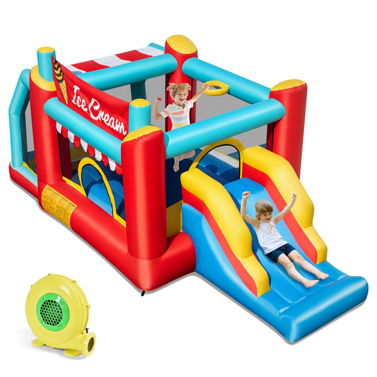 DREAMADE Aufblasbare Hüpfburg, 5-in-1 Eiscreme-Themenburg mit Rutsche, Sprungbereich, Basketballkorb, Ballpool & Ringwurfspiel, IHüpfburg für Garten, Rasen, Party, 475 x 224 x 201cm (mit Gebläse)