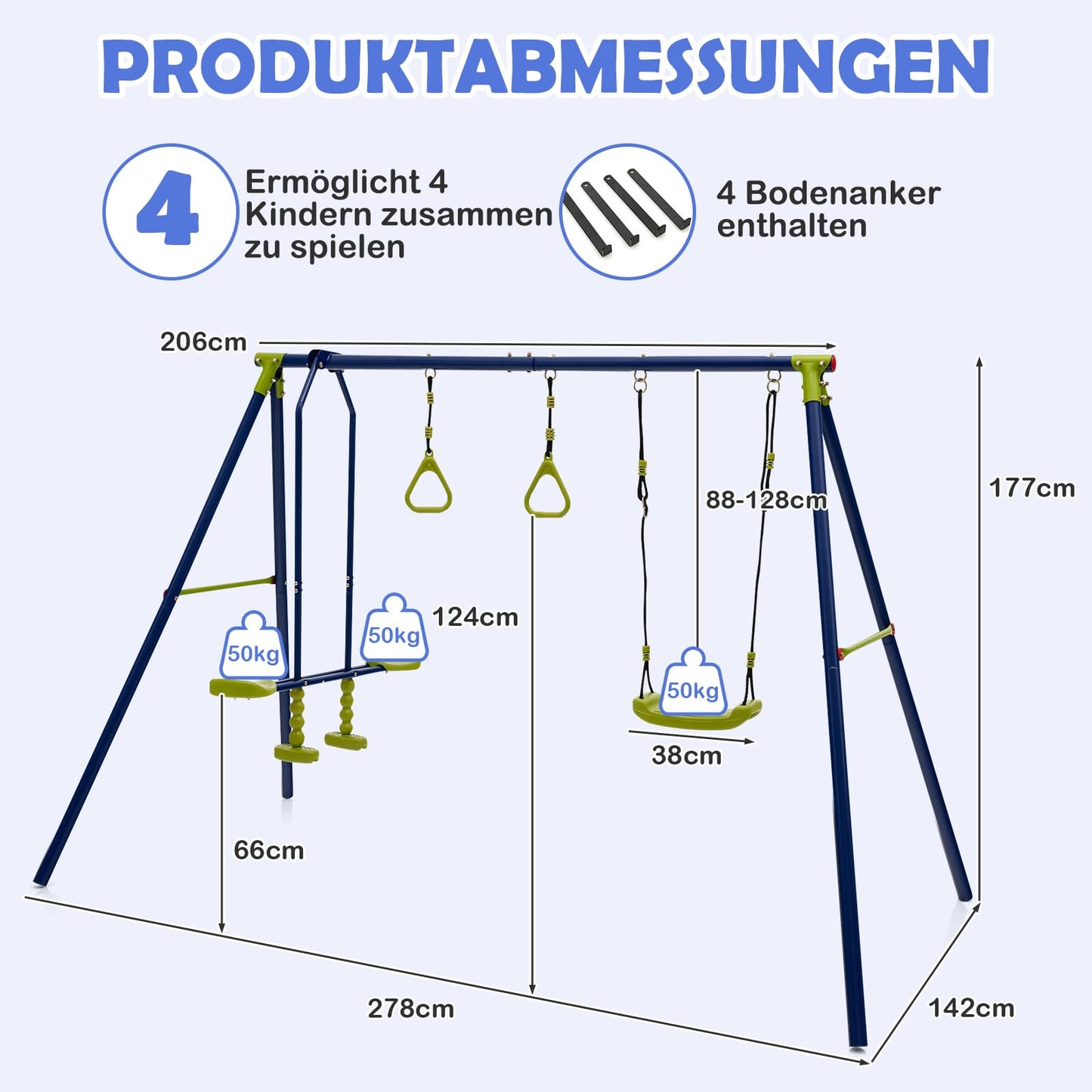 DREAMADE 3-in-1 Schaukelgestell mit Schaukel & Wippe & Turnringe, Schaukelgerüst aus Metall, Gartenschaukel, Kinderschaukel Outdoor mit Gestell für Garten Hof