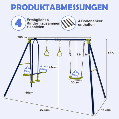 DREAMADE 3-in-1 Schaukelgestell mit Schaukel & Wippe & Turnringe, Schaukelgerüst aus Metall, Gartenschaukel, Kinderschaukel Outdoor mit Gestell für Garten Hof