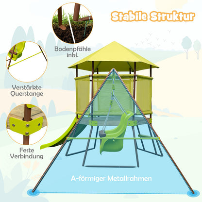 DREAMADE 4 IN 1 Spielturm mit Rutsche & Schaukel & Spielhaus & Leiter, Klettergerüst Outdoor Kinder Kletterturm aus Metall für den Garten