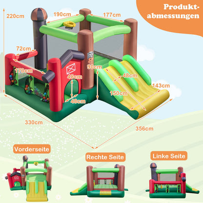 DREAMADE 6-in-1 Aufblasbare Hüpfburg mit Doppelrutschen, 356 x 330 x 220 cm Spielburg im Bauernhof-Stil mit Bällebad & Sprungbereich & Basketballkorb, Hüpfschloss für Kinder ab 3 Jahre (mit Gebläse)