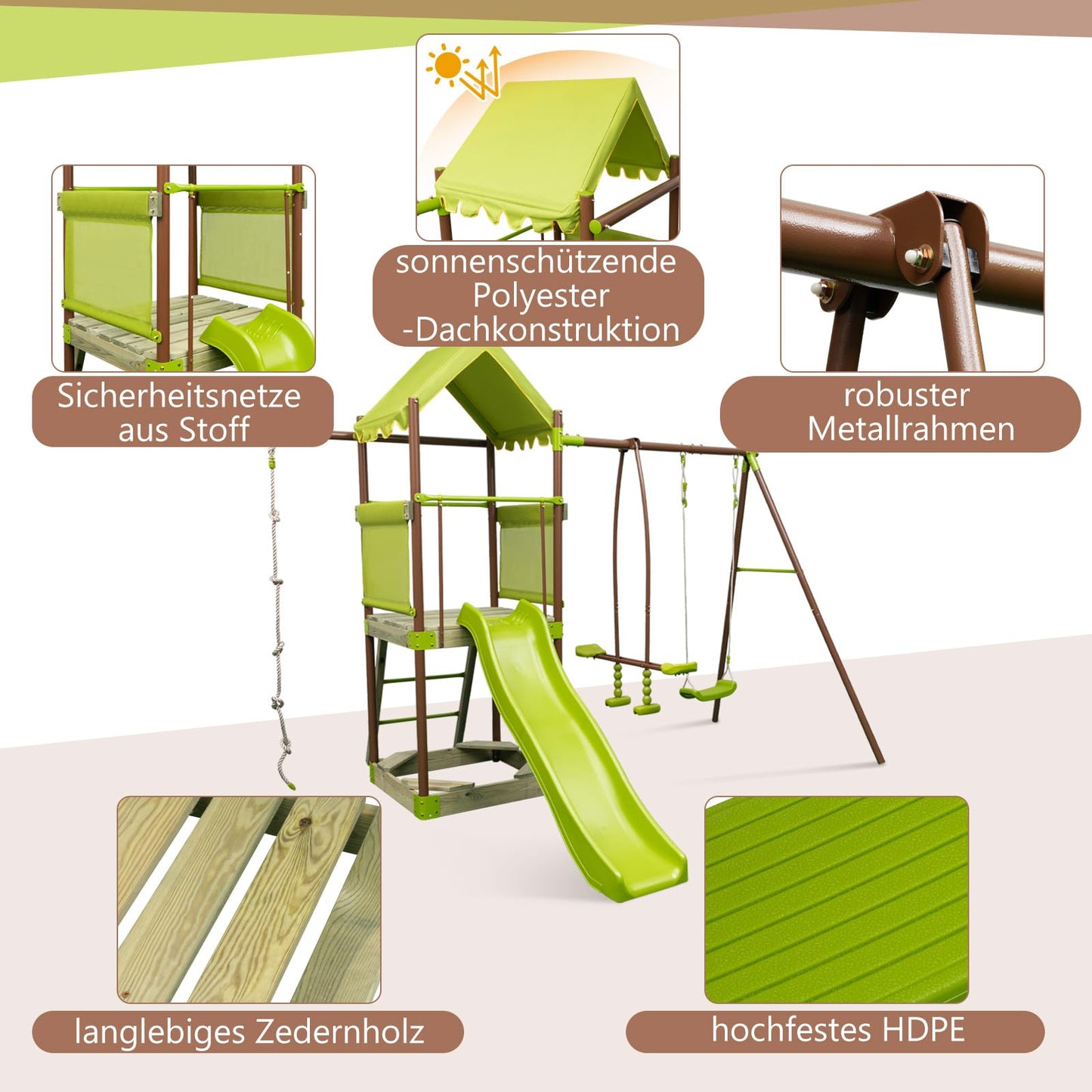 DREAMADE 7 IN 1 Spielturm mit Rutsche & Schaukel & Sandkasten & Kleterseil & Wippe & Leiter & Spielhaus, Klettergerüst Outdoor Kinder Kletterturm für den Garten