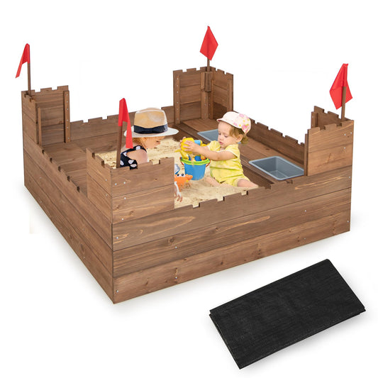 DREAMADE 116 x 113 x 75 cm Sandkasten aus Tannenholz, Stadtmauer-Sandbox mit 2 Aufbewahrungsboxen, Sitzbank, Bodenfolie & roten Fahnen, Sandkiste Sandspielschenk für Kinder ab 3 Jahren