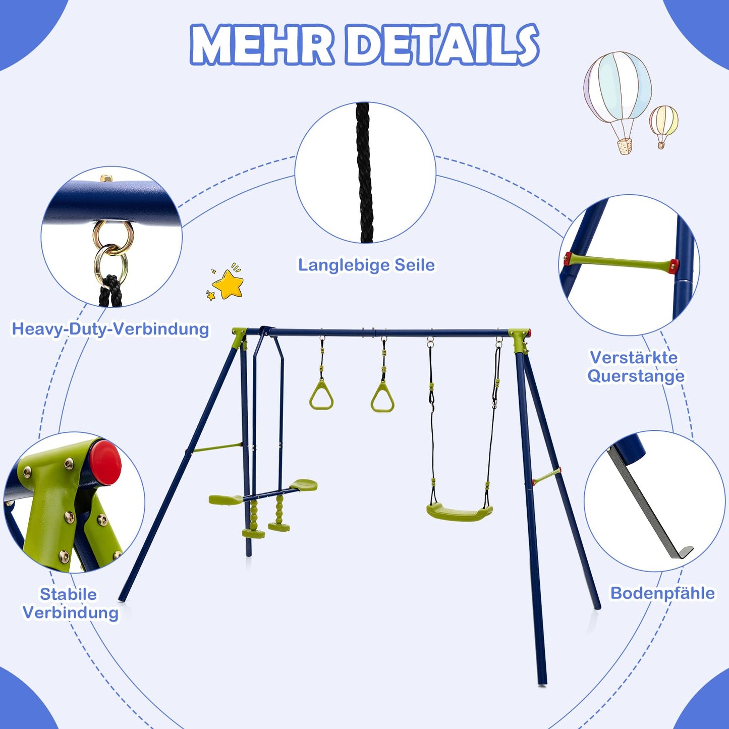 DREAMADE 3-in-1 Schaukelgestell mit Schaukel & Wippe & Turnringe, Schaukelgerüst aus Metall, Gartenschaukel, Kinderschaukel Outdoor mit Gestell für Garten Hof