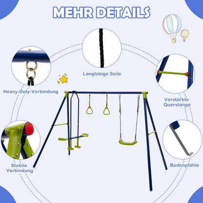 DREAMADE 3-in-1 Schaukelgestell mit Schaukel & Wippe & Turnringe, Schaukelgerüst aus Metall, Gartenschaukel, Kinderschaukel Outdoor mit Gestell für Garten Hof