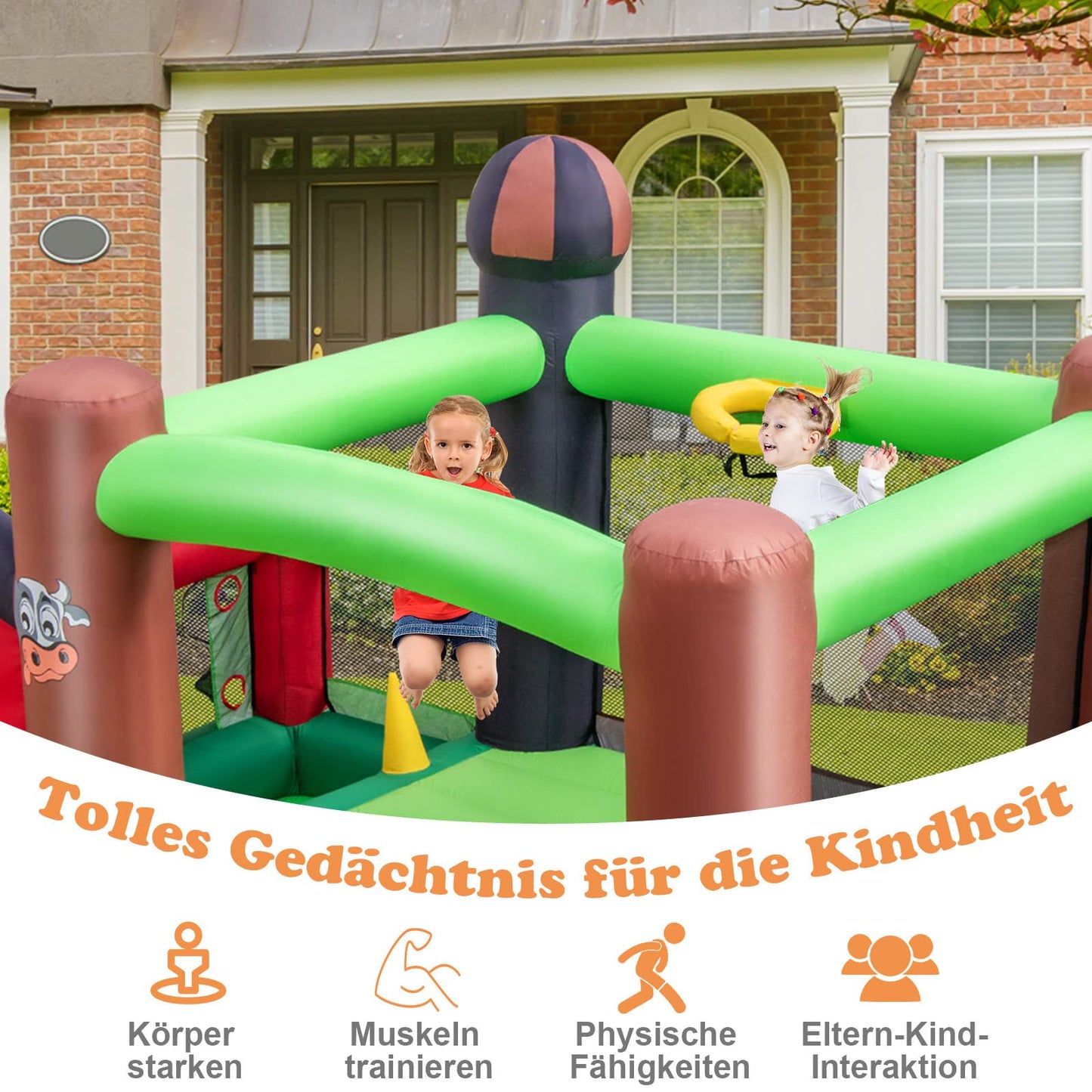 DREAMADE 6-in-1 Aufblasbare Hüpfburg mit Doppelrutschen, 356 x 330 x 220 cm Spielburg im Bauernhof-Stil mit Bällebad & Sprungbereich & Basketballkorb, Hüpfschloss für Kinder ab 3 Jahre (mit Gebläse)