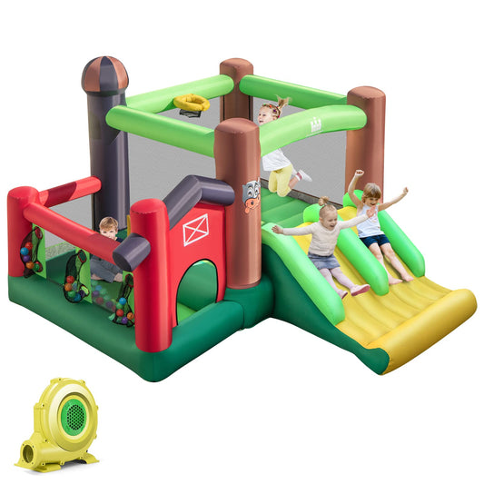 DREAMADE 6-in-1 Aufblasbare Hüpfburg mit Doppelrutschen, 356 x 330 x 220 cm Spielburg im Bauernhof-Stil mit Bällebad & Sprungbereich & Basketballkorb, Hüpfschloss für Kinder ab 3 Jahre (mit Gebläse)