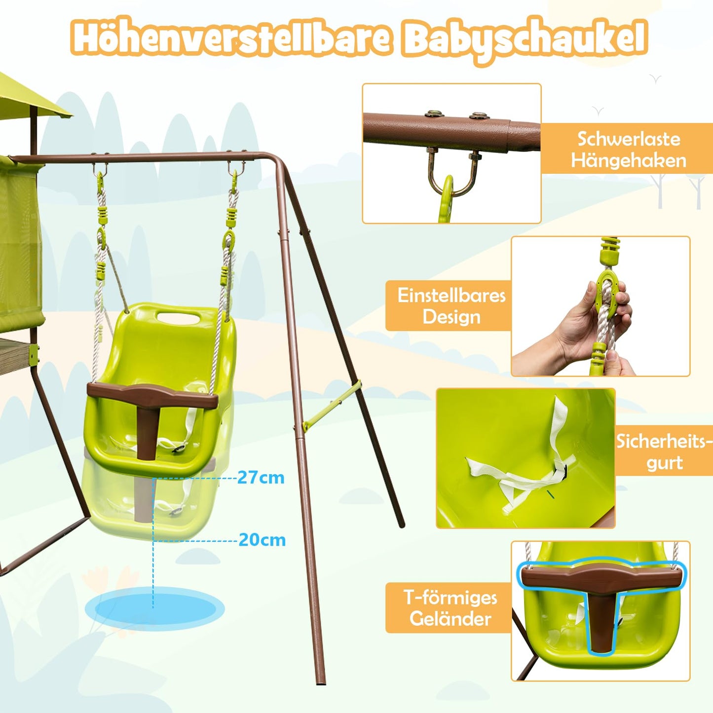 DREAMADE 4 IN 1 Spielturm mit Rutsche & Schaukel & Spielhaus & Leiter, Klettergerüst Outdoor Kinder Kletterturm aus Metall für den Garten
