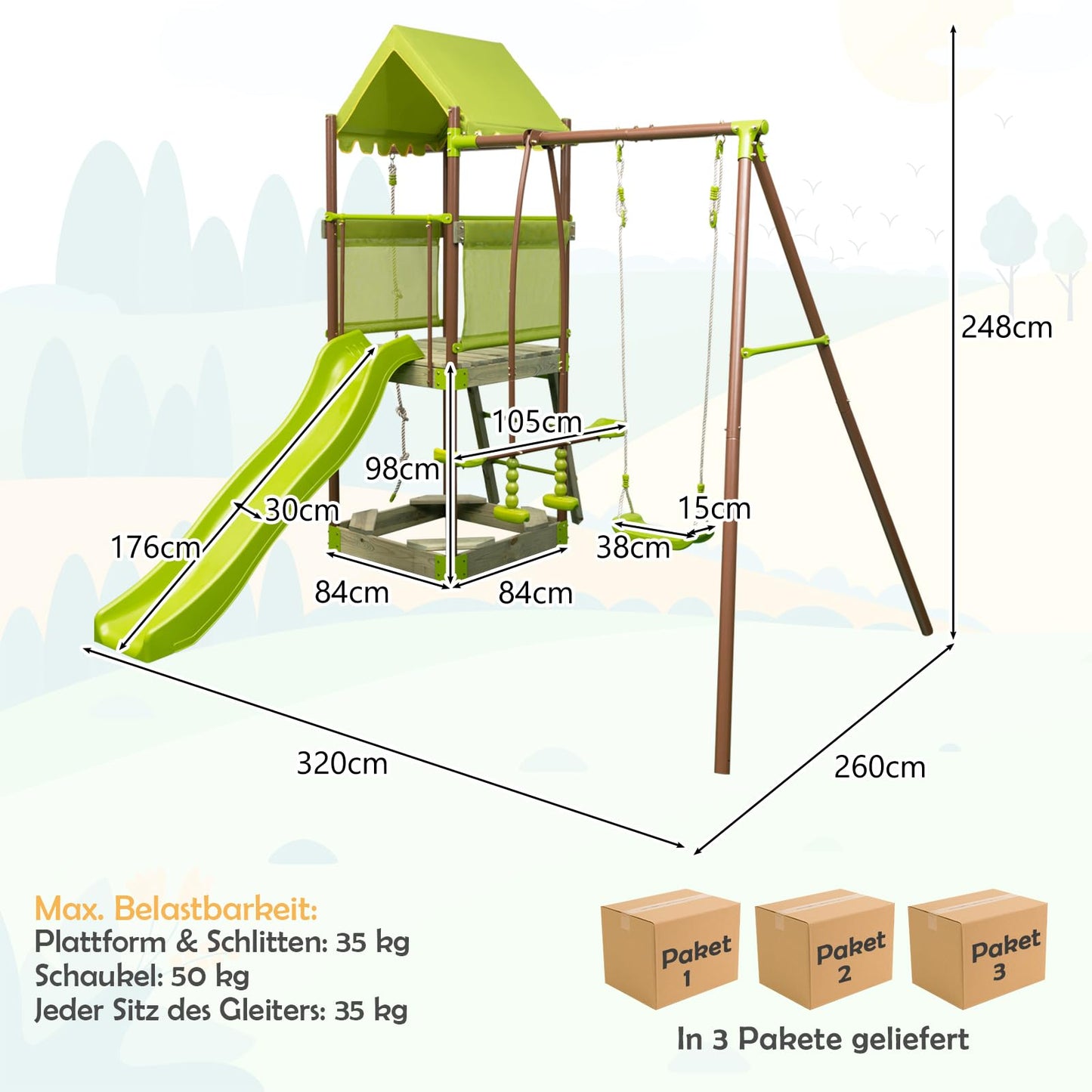 DREAMADE 7 IN 1 Spielturm mit Rutsche & Schaukel & Sandkasten & Kleterseil & Wippe & Leiter & Spielhaus, Klettergerüst Outdoor Kinder Kletterturm für den Garten
