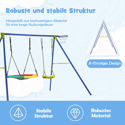 DREAMADE 4 in 1 Schaukelgestell mit 2 Kinderschaukel & Rutsche & Basketballkorb, Gartenschaukel Schaukelgerüst mit 2 Schaukeln, Kinderschaukel Outdoor mit Schaukelgestell aus Metall für Kinder ab 3