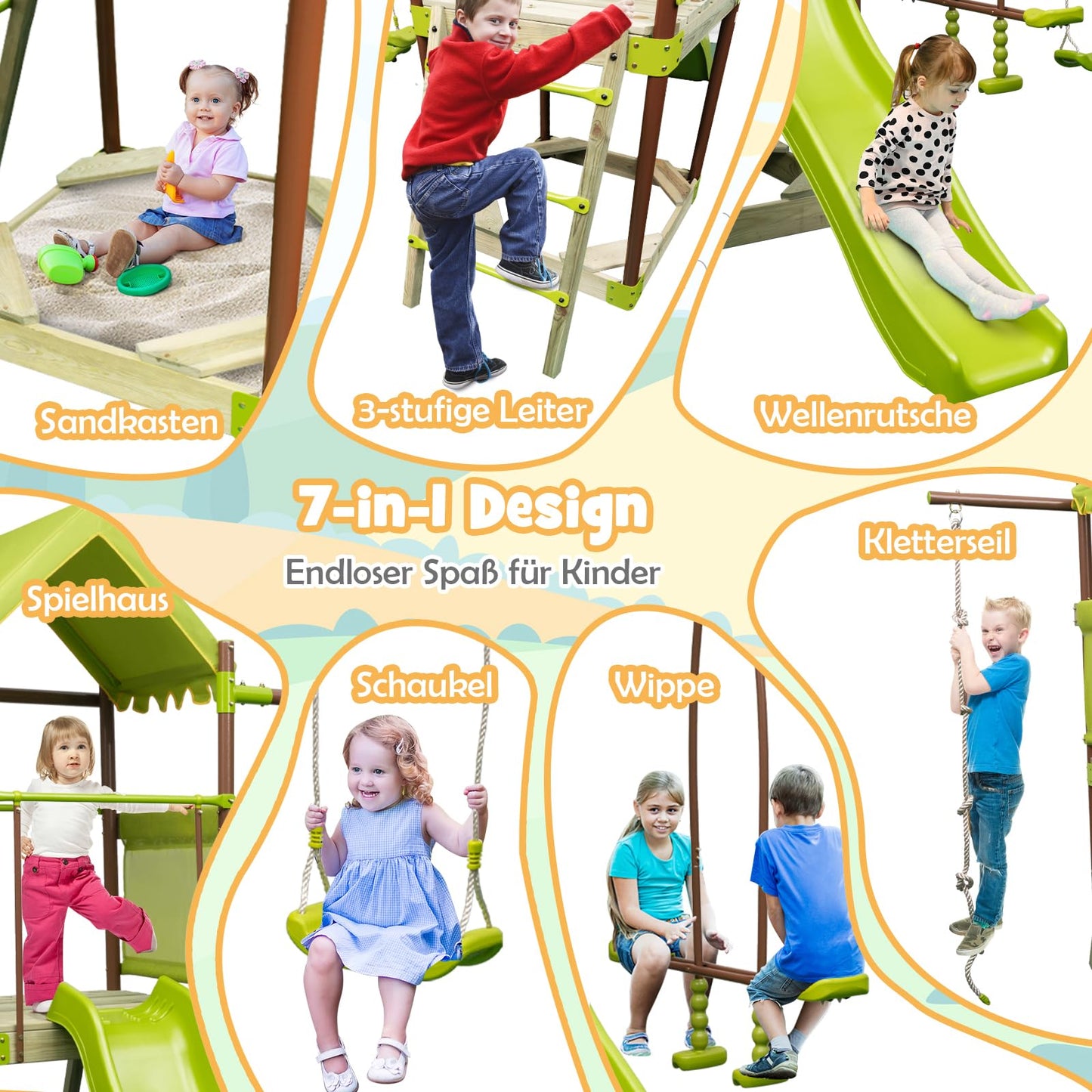 DREAMADE 7 IN 1 Spielturm mit Rutsche & Schaukel & Sandkasten & Kleterseil & Wippe & Leiter & Spielhaus, Klettergerüst Outdoor Kinder Kletterturm für den Garten