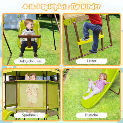 DREAMADE 4 IN 1 Spielturm mit Rutsche & Schaukel & Spielhaus & Leiter, Klettergerüst Outdoor Kinder Kletterturm aus Metall für den Garten