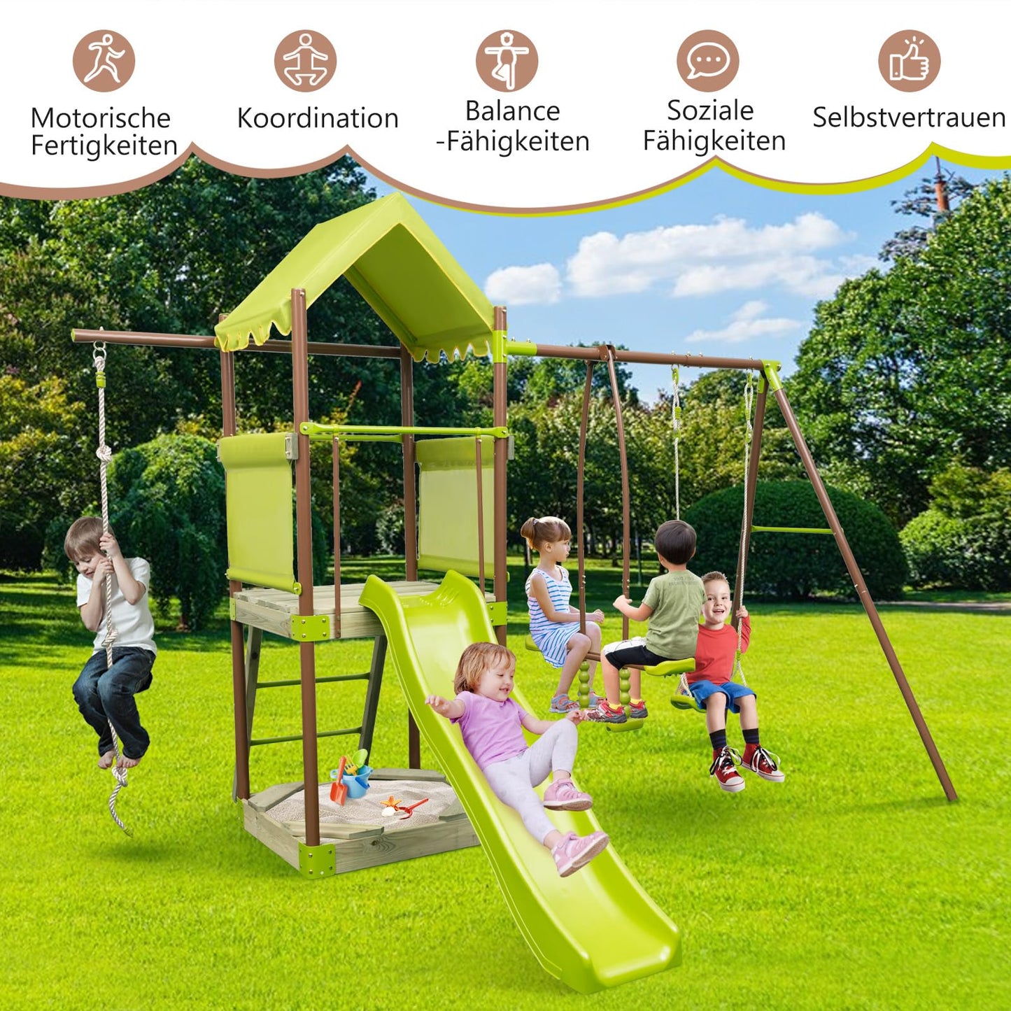 DREAMADE 7 IN 1 Spielturm mit Rutsche & Schaukel & Sandkasten & Kleterseil & Wippe & Leiter & Spielhaus, Klettergerüst Outdoor Kinder Kletterturm für den Garten