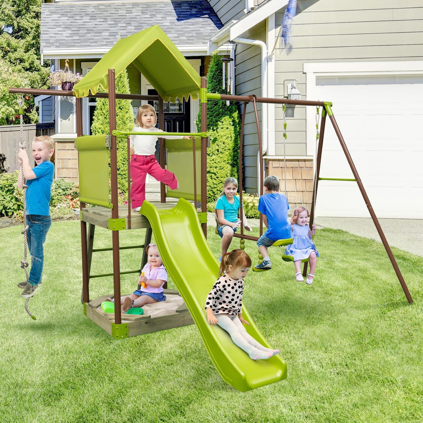 DREAMADE 7 IN 1 Spielturm mit Rutsche & Schaukel & Sandkasten & Kleterseil & Wippe & Leiter & Spielhaus, Klettergerüst Outdoor Kinder Kletterturm für den Garten
