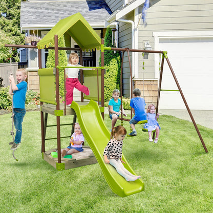 DREAMADE 7 IN 1 Spielturm mit Rutsche & Schaukel & Sandkasten & Kleterseil & Wippe & Leiter & Spielhaus, Klettergerüst Outdoor Kinder Kletterturm für den Garten
