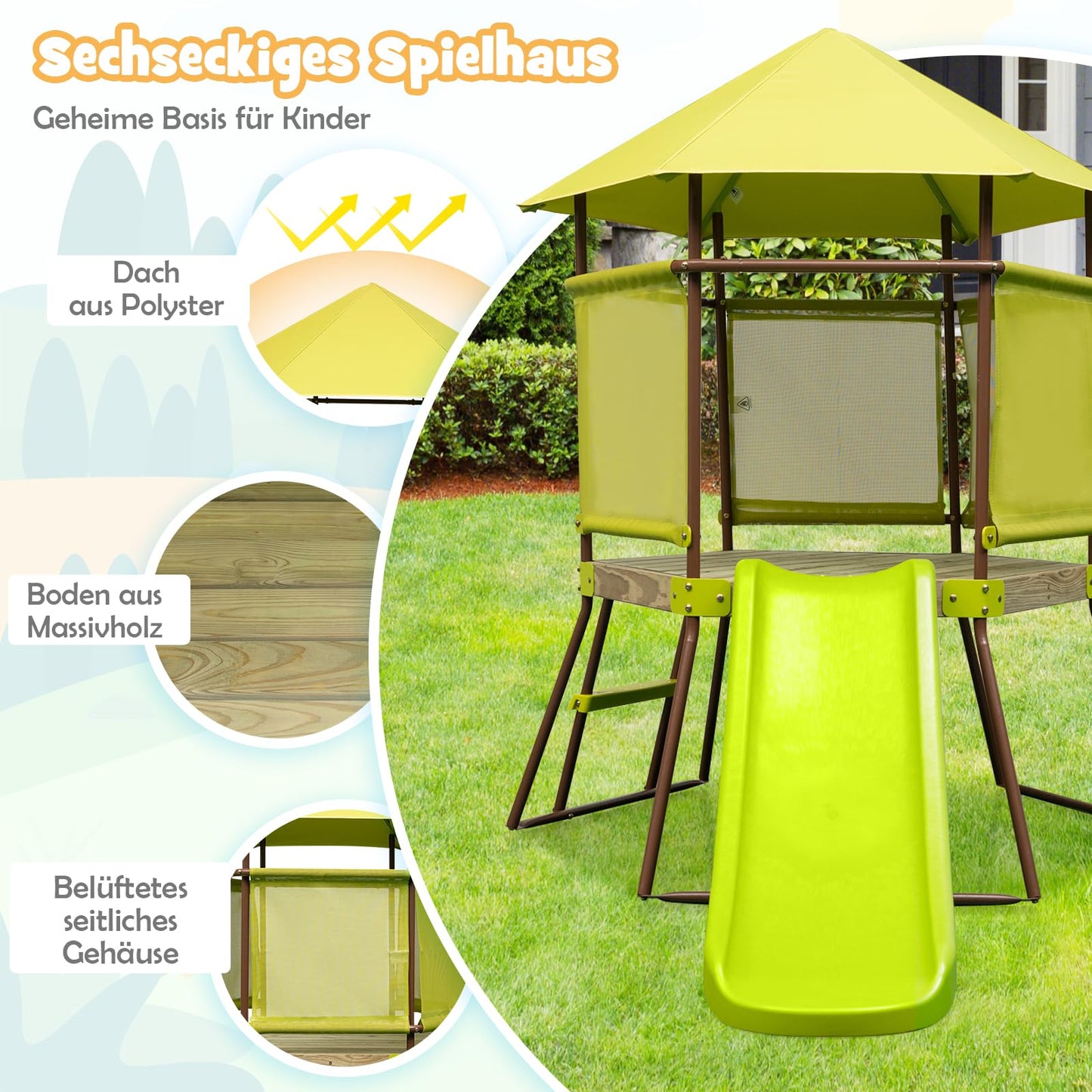 DREAMADE 4 IN 1 Spielturm mit Rutsche & Schaukel & Spielhaus & Leiter, Klettergerüst Outdoor Kinder Kletterturm aus Metall für den Garten