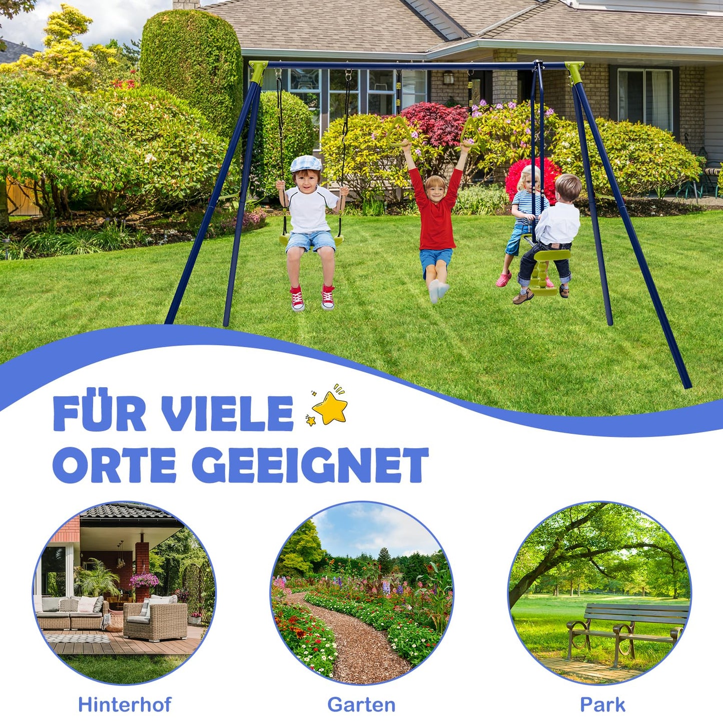 DREAMADE 3-in-1 Schaukelgestell mit Schaukel & Wippe & Turnringe, Schaukelgerüst aus Metall, Gartenschaukel, Kinderschaukel Outdoor mit Gestell für Garten Hof