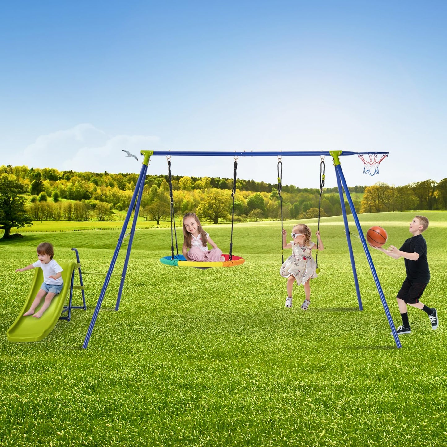 DREAMADE 4 in 1 Schaukelgestell mit 2 Kinderschaukel & Rutsche & Basketballkorb, Gartenschaukel Schaukelgerüst mit 2 Schaukeln, Kinderschaukel Outdoor mit Schaukelgestell aus Metall für Kinder ab 3