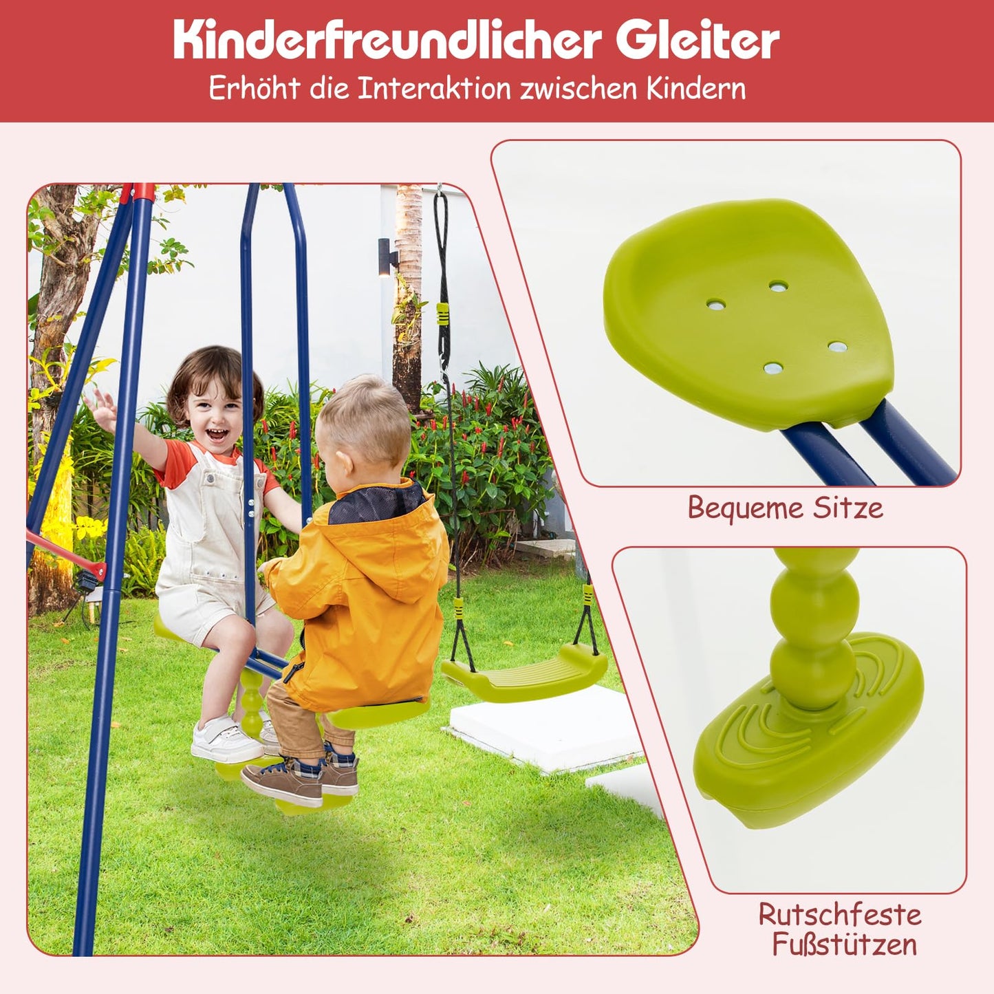 DREAMADE 6 in 1 Schaukelgestell Outdoor mit 2 Schaukeln Wippe Basketballkorb Kletterleiter Kletternetz, Kinderschaukel mit Gestell Schaukelgerüst, Gartenschaukel für Kinder 3-12 Jahre (Rot + Blau)