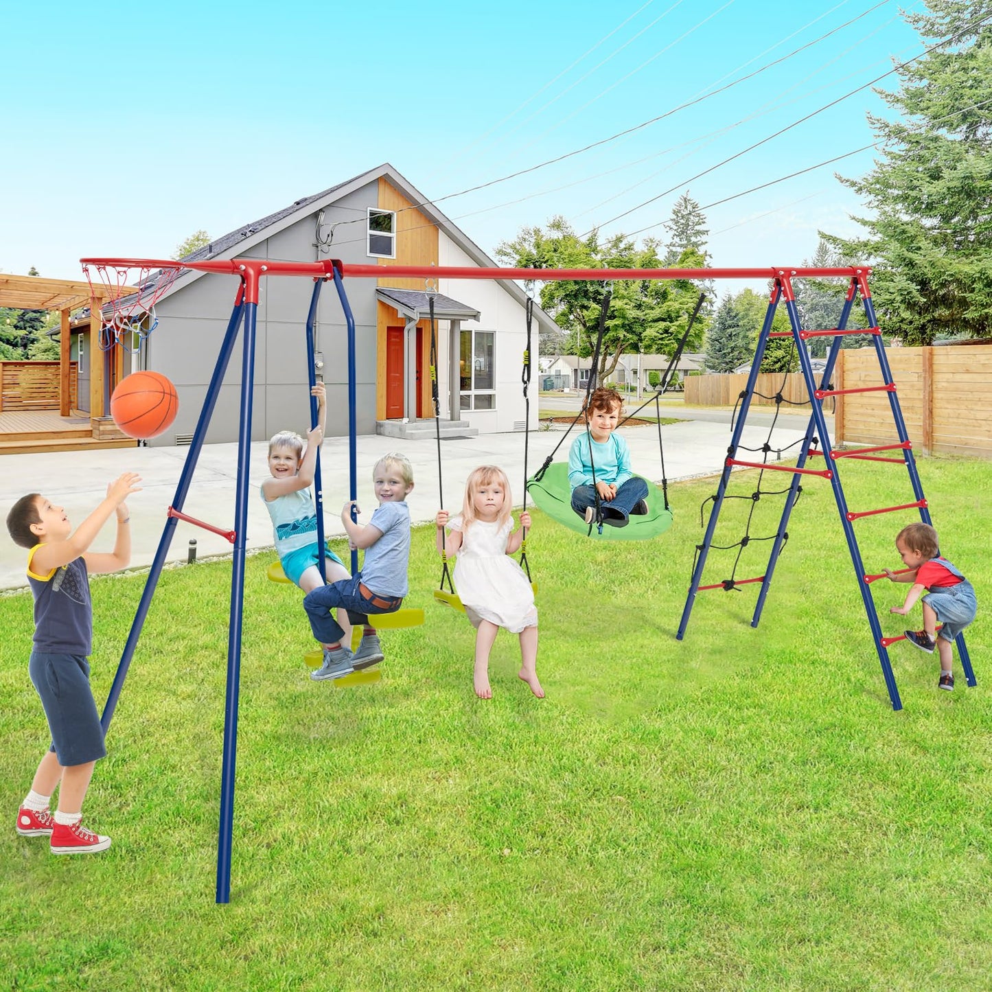 DREAMADE 6 in 1 Schaukelgestell Outdoor mit 2 Schaukeln Wippe Basketballkorb Kletterleiter Kletternetz, Kinderschaukel mit Gestell Schaukelgerüst, Gartenschaukel für Kinder 3-12 Jahre (Rot + Blau)