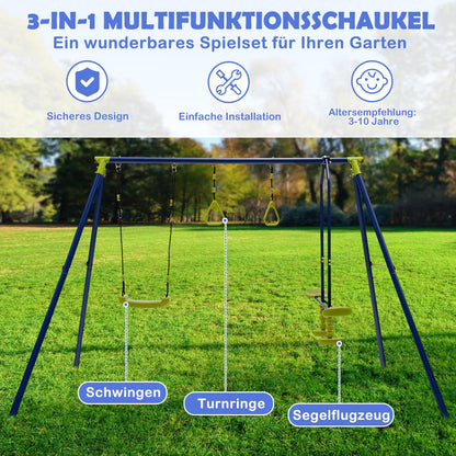 DREAMADE 3-in-1 Schaukelgestell mit Schaukel & Wippe & Turnringe, Schaukelgerüst aus Metall, Gartenschaukel, Kinderschaukel Outdoor mit Gestell für Garten Hof
