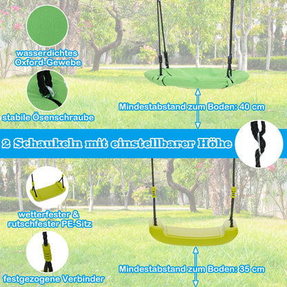 DREAMADE 6 in 1 Schaukelgestell Outdoor mit 2 Schaukeln Wippe Basketballkorb Kletterleiter Kletternetz, Kinderschaukel mit Gestell Schaukelgerüst, Gartenschaukel für Kinder 3-12 Jahre (Rot + Blau)
