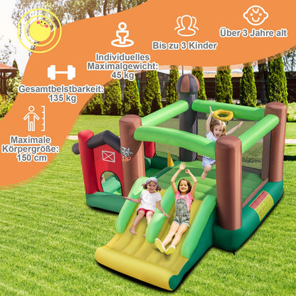 DREAMADE 6-in-1 Aufblasbare Hüpfburg mit Doppelrutschen, 356 x 330 x 220 cm Spielburg im Bauernhof-Stil mit Bällebad & Sprungbereich & Basketballkorb, Hüpfschloss für Kinder ab 3 Jahre (mit Gebläse)