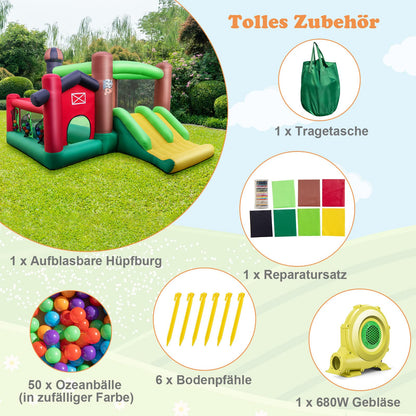 DREAMADE 6-in-1 Aufblasbare Hüpfburg mit Doppelrutschen, 356 x 330 x 220 cm Spielburg im Bauernhof-Stil mit Bällebad & Sprungbereich & Basketballkorb, Hüpfschloss für Kinder ab 3 Jahre (mit Gebläse)