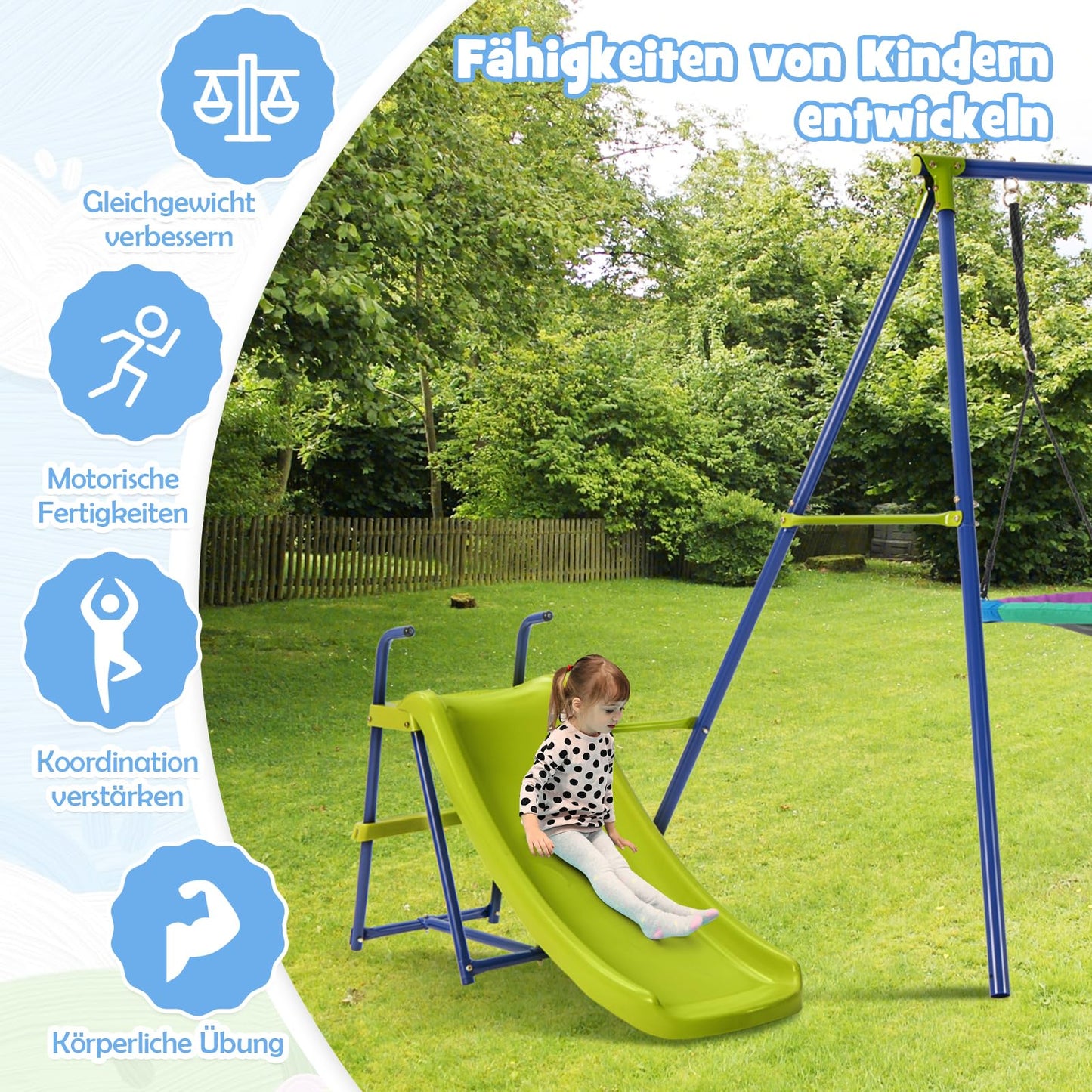 DREAMADE 4 in 1 Schaukelgestell mit 2 Kinderschaukel & Rutsche & Basketballkorb, Gartenschaukel Schaukelgerüst mit 2 Schaukeln, Kinderschaukel Outdoor mit Schaukelgestell aus Metall für Kinder ab 3