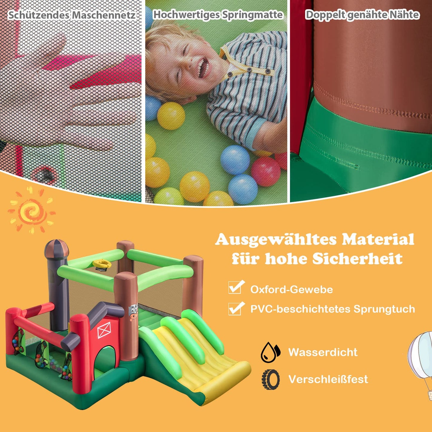 DREAMADE 6-in-1 Aufblasbare Hüpfburg mit Doppelrutschen, 356 x 330 x 220 cm Spielburg im Bauernhof-Stil mit Bällebad & Sprungbereich & Basketballkorb, Hüpfschloss für Kinder ab 3 Jahre (mit Gebläse)