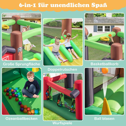 DREAMADE 6-in-1 Aufblasbare Hüpfburg mit Doppelrutschen, 356 x 330 x 220 cm Spielburg im Bauernhof-Stil mit Bällebad & Sprungbereich & Basketballkorb, Hüpfschloss für Kinder ab 3 Jahre (mit Gebläse)