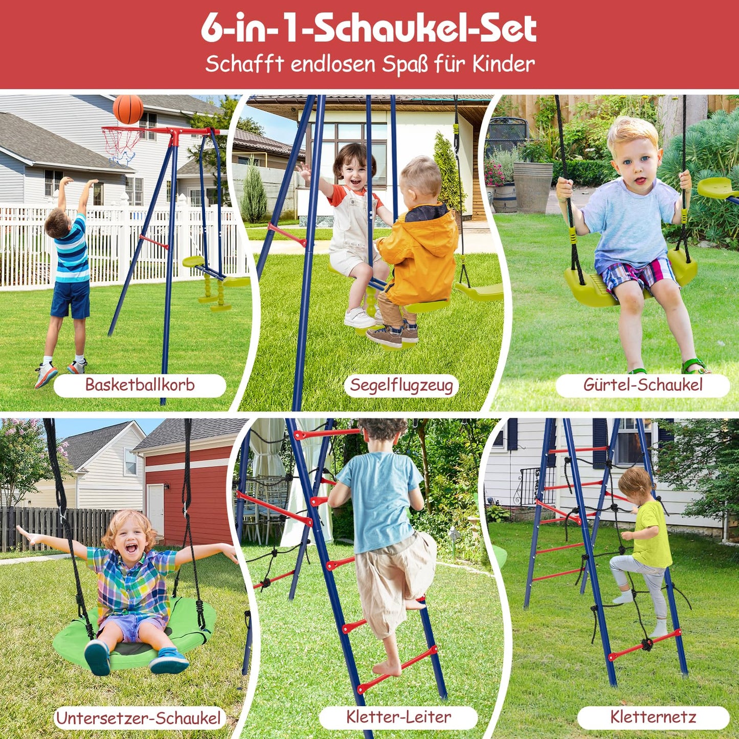 DREAMADE 6 in 1 Schaukelgestell Outdoor mit 2 Schaukeln Wippe Basketballkorb Kletterleiter Kletternetz, Kinderschaukel mit Gestell Schaukelgerüst, Gartenschaukel für Kinder 3-12 Jahre (Rot + Blau)