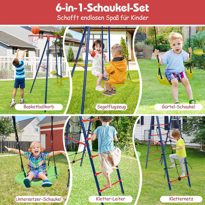 DREAMADE 6 in 1 Schaukelgestell Outdoor mit 2 Schaukeln Wippe Basketballkorb Kletterleiter Kletternetz, Kinderschaukel mit Gestell Schaukelgerüst, Gartenschaukel für Kinder 3-12 Jahre (Rot + Blau)