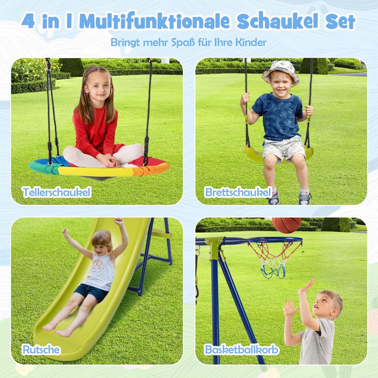 DREAMADE 4 in 1 Schaukelgestell mit 2 Kinderschaukel & Rutsche & Basketballkorb, Gartenschaukel Schaukelgerüst mit 2 Schaukeln, Kinderschaukel Outdoor mit Schaukelgestell aus Metall für Kinder ab 3