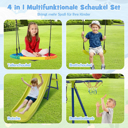 DREAMADE 4 in 1 Schaukelgestell mit 2 Kinderschaukel & Rutsche & Basketballkorb, Gartenschaukel Schaukelgerüst mit 2 Schaukeln, Kinderschaukel Outdoor mit Schaukelgestell aus Metall für Kinder ab 3