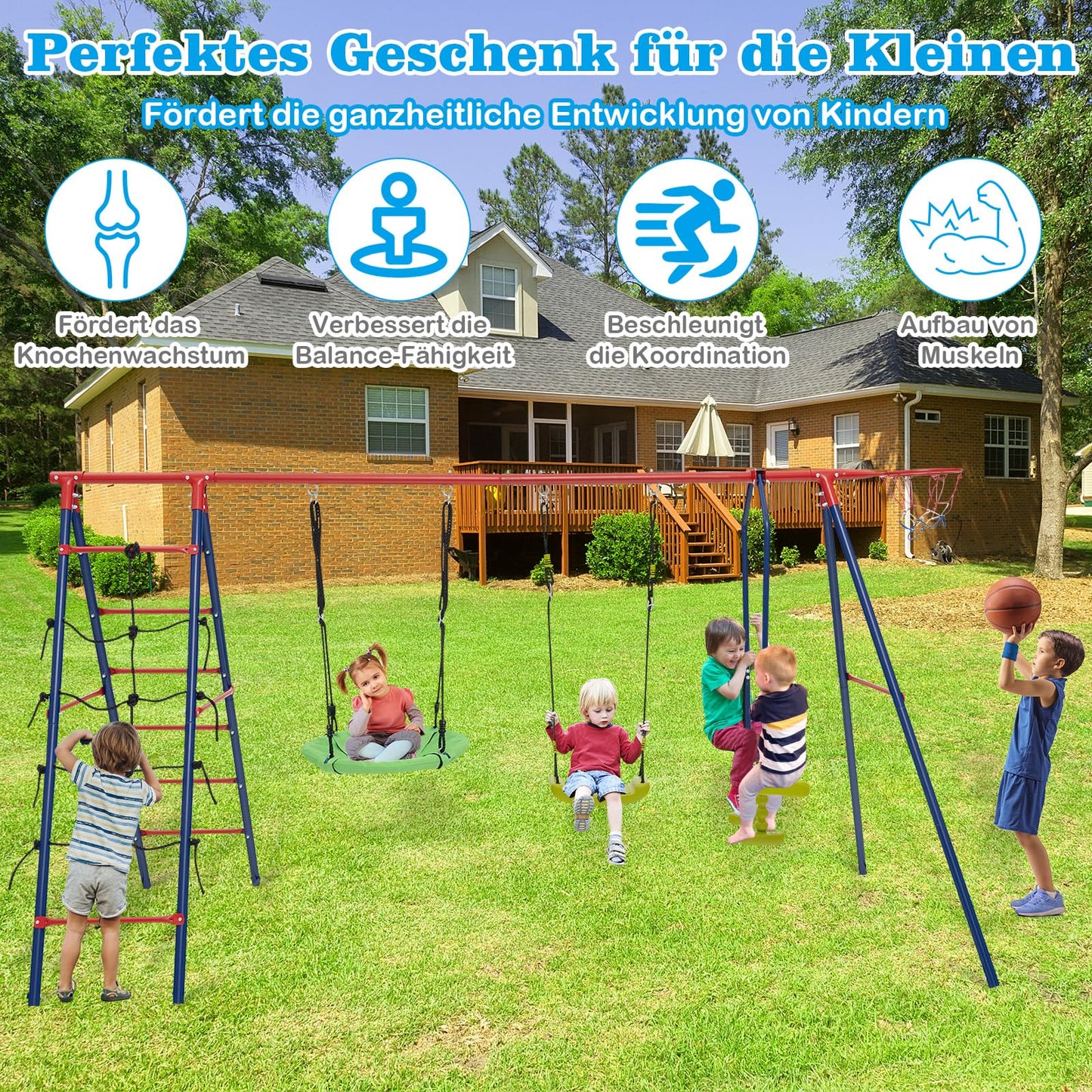 DREAMADE 6 in 1 Schaukelgestell Outdoor mit 2 Schaukeln Wippe Basketballkorb Kletterleiter Kletternetz, Kinderschaukel mit Gestell Schaukelgerüst, Gartenschaukel für Kinder 3-12 Jahre (Rot + Blau)